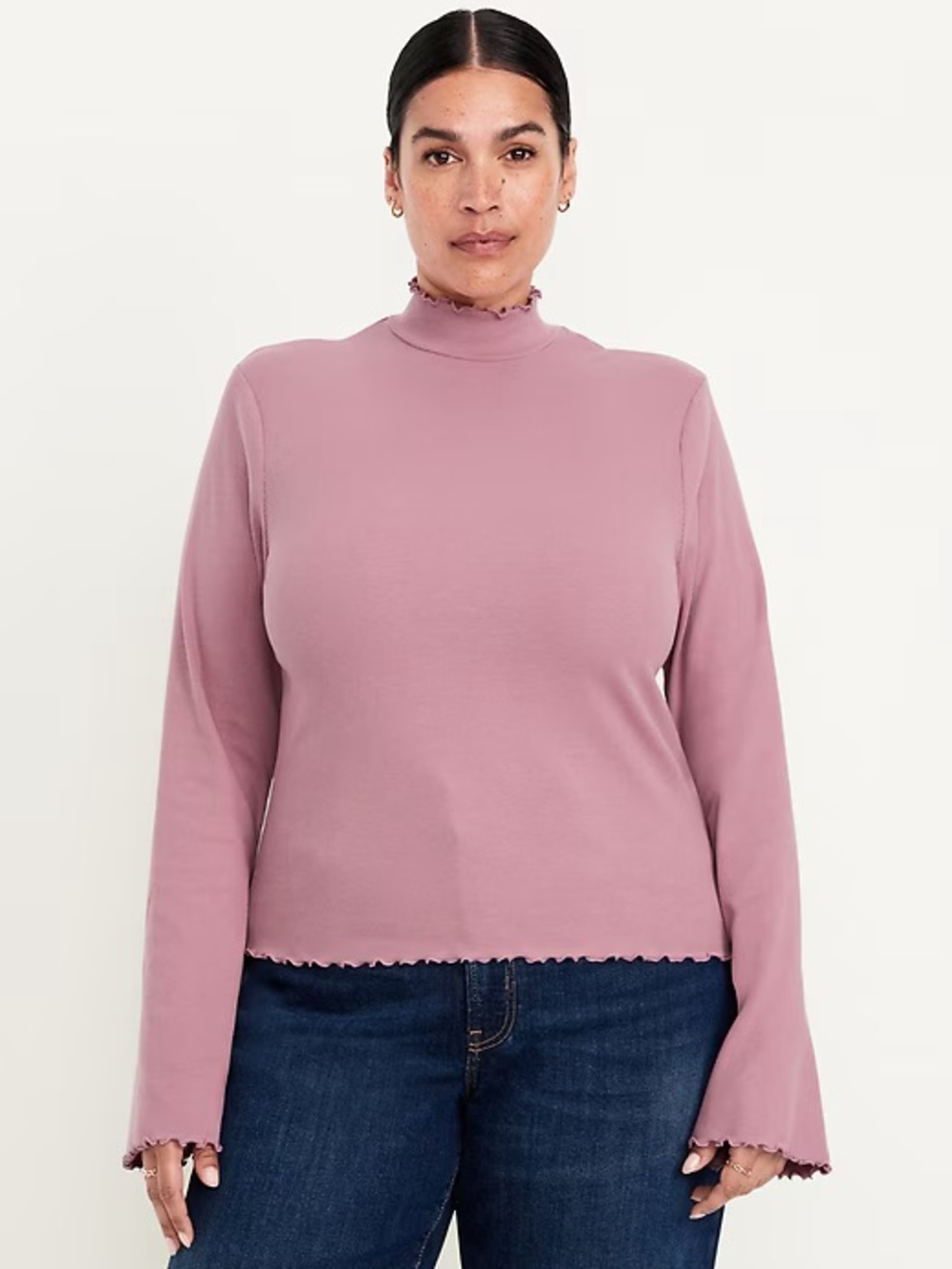 Old navy mock neck mauve lettuce hem bell sleeve ribbed top large - Picture 3 of 6
